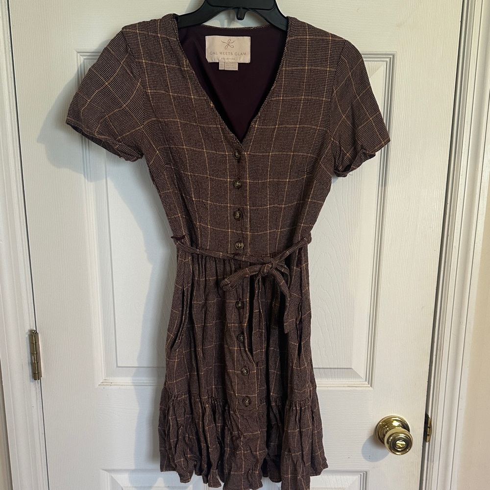 Gal Meets Glam Brown Checked Button-Front Mini Dress